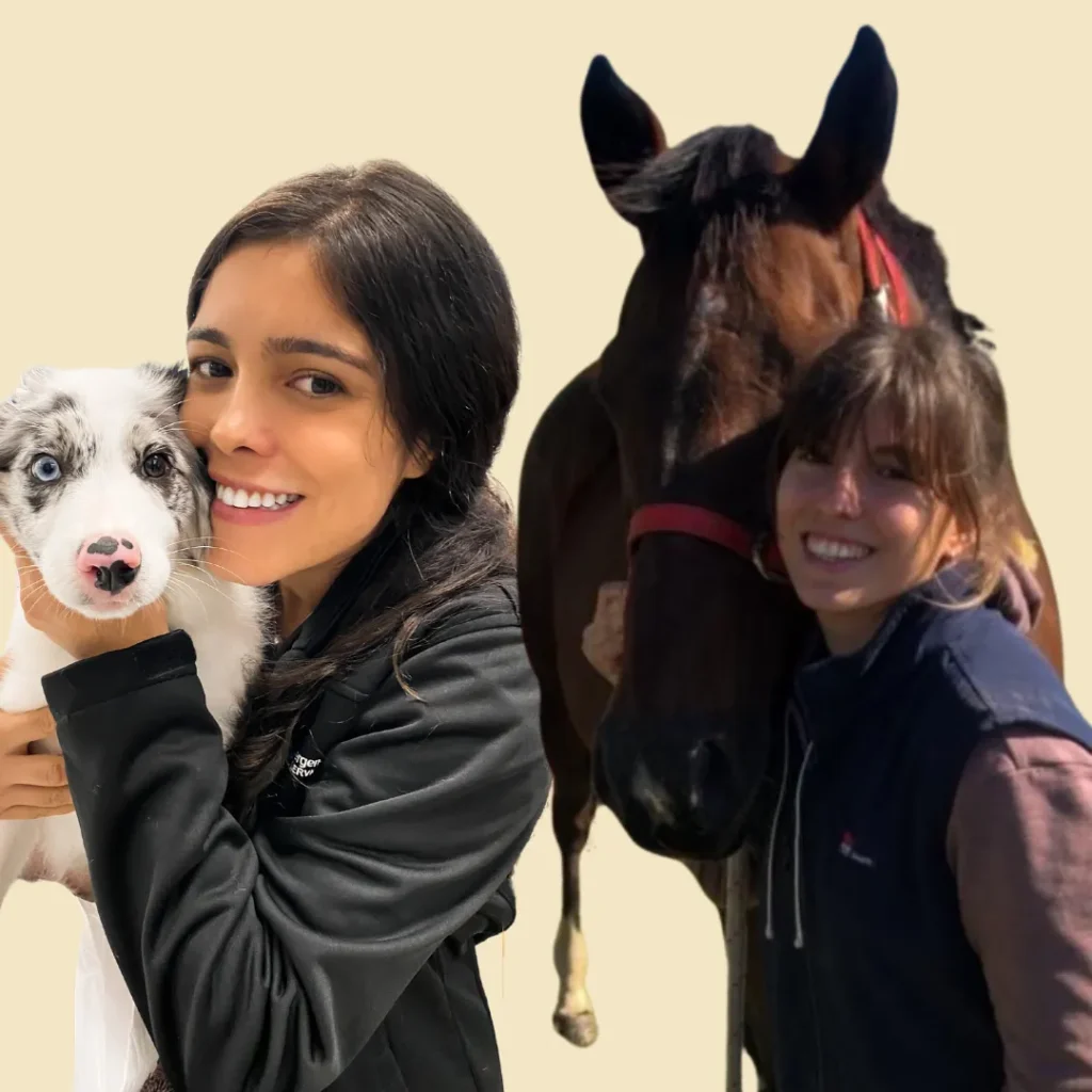 Natalia and Antonella from Brainy Bilby with animals, supporting veterinarians preparing for the AVE exam in Australia.